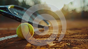 Close Up View Of A Tennis Racket And Ball On Clay Court, Capturing The Texture Of The Red Clay