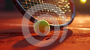 Close Up View Of A Tennis Racket And Ball On Clay Court, Capturing The Texture Of The Red Clay