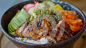 Close-up view of a teriyaki chicken rice bowl with avocado, radish, and carrots