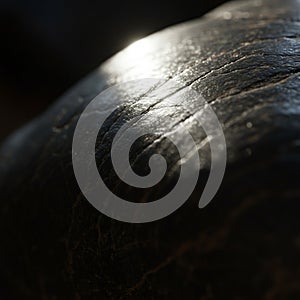 Close-up view of a textured, shiny dark surface with subtle ridges and lighting