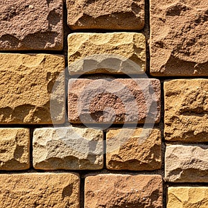 A close-up view of a textured stone wall, featuring rectangular blocks in various shades of brown,