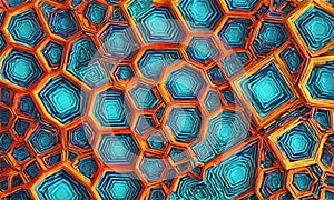 close-up view textured surface with repeating pattern orange and blue hexagonal shapes, creating vibrant and