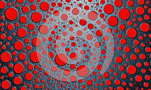 close-up view textured surface with repeating pattern red circles and dots, creating visually striking and