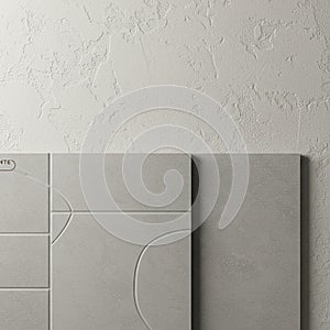 A close-up view of a textured wall with a pale surface, featuring a light gray,
