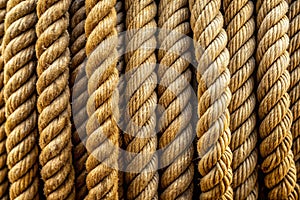Closeup of thick rough ropes arranged in vertical composition