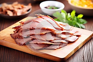 close-up view of thinly sliced smoked duck