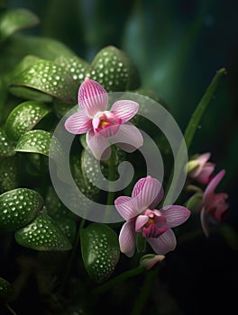 Close-up view of three pink flowers, with one in center and two on either side. These beautiful flowers are surrounded