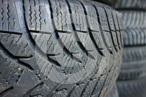 Close up view of tires in a car shop