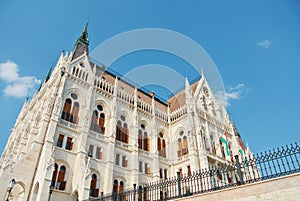 Close up view to Budapest parliament building and a beautiful bl