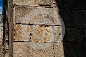 Close-up view to Ruins of Bacchus temple with traces of the ,,disc grinder,, in Baalbek Bekaa valley, Lebanon