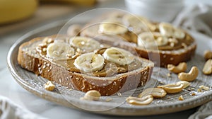 A Close-Up View of Toast Topped with Nut Butter, Fresh Banana Slices, and Crunchy Cashews