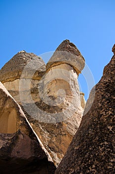 Close-up view top of the famous Fairy Chimneys or Multihead stone mushrooms in Pasaba Valley near Goreme. Blue sky background.