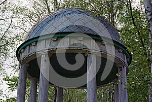 Close-up view of the top of old wooden pavilion in the birch grove. Green trees in the background