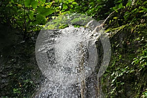 Close up view of the top of the waterfall in the forest