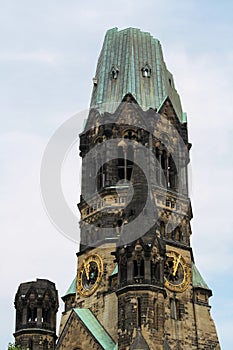 Close up view tower of Kaiser Wilhelm Memorial Church in summer