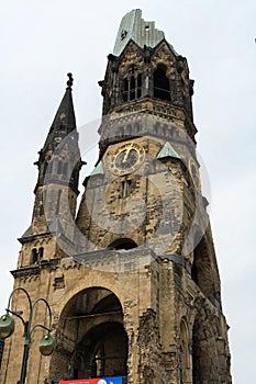 Close up view tower of Kaiser Wilhelm Memorial Church in summer