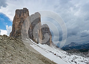 Close-up view of Tre Cime di Lavaredo. Sesto Dolomites Italy