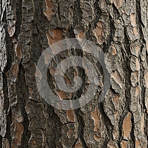 Close-up view of tree bark with deep, rugged textures and irregular