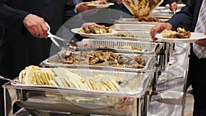 Close up view of Triangle Buffet Dishes Dinnerware Chafing Dish in the venue event. Move camera shot