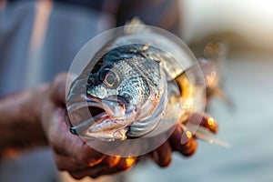 A close-up view of a triumphant person holding a fish with its mouth open, showcasing the catch of the day in all its