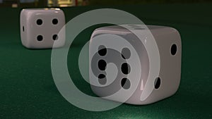 Close up view of two dices on a green table in casino. 3d rendering.