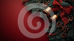 A close-up view of two golden bells adorned with a brown ribbon bow, hanging amidst lush green pine branches. Generative AI photo