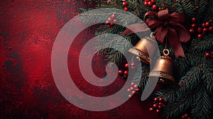 A close-up view of two golden bells adorned with a brown ribbon bow, hanging amidst lush green pine branches. Generative AI photo