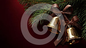 A close-up view of two golden bells adorned with a brown ribbon bow, hanging amidst lush green pine branches. Generative AI photo