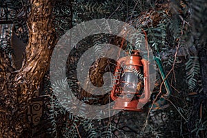 Close up view of two petrol lamps red and green