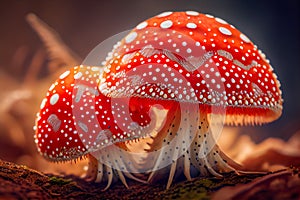 Close up view of two red fly agaric mushrooms, Ai generated