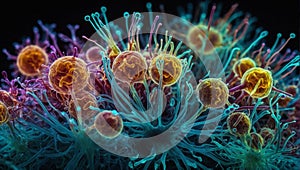 Close up view under a microscope of abstract bacteria cells colony of various shapes and sizes