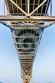 Close up View of the Underside of a Coastal Bowstring Bridge with Clear Skies in Corpus Christi