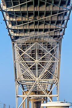 Close up View of the Underside of the Steel and Iron Works of a Coastal Bridge