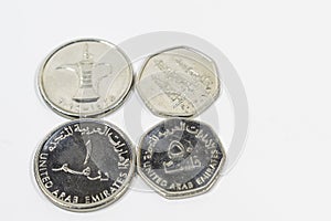 A close up view of United Arab Emirates coin with white background, fils, UAE currency, UAE coins, fils