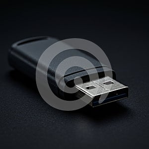 A close-up view of a USB flash drive on a dark surface. The device features a metallic