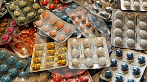 A close-up view of a variety of different colored pills and capsules scattered in a pile. photo