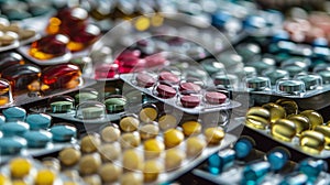 A close-up view of a variety of different colored pills and capsules scattered in a pile. photo