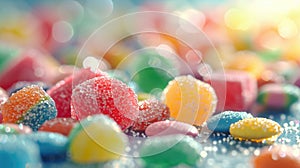 A close up view of various colourful sweet like candy, sugar, and jelly. AIGX01.