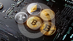Close up shot of Bitcoin Ethereum Ripple and Cardano cryptocurrencies on a circuit board Digital currency concept photo