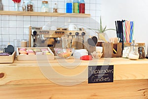 close-up view of various delicious pastries on wooden counter