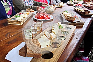 A close-up view of various dishes from meat, fish, fried vegetables, boiled crayfish and seafood prepared for lunch.