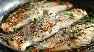 Close-up view of various fish cooking in a hot pan, sizzling and browning on both sides photo
