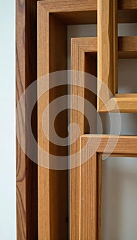 Close up view of various solid wood picture frames, highlighting wood grain details , light, samples