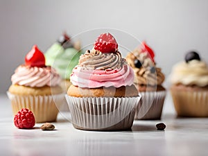 Close up view of various sweet cupcakes