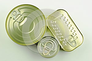 Close-up view of various tins and cans