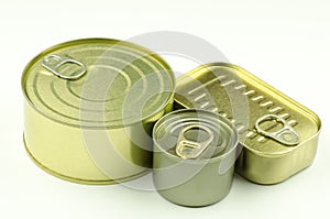 Close-up view of various tins and cans