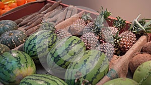 Close-up view of the various types of fruits and vegetables for sale