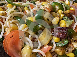 Close up view of vegetable spaghetti dish
