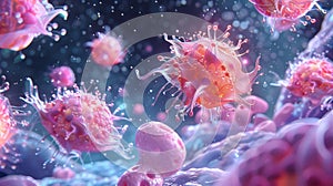 Close-up view of vibrant biological cells under a microscope, showcasing the intricate details and dynamic environment of cell