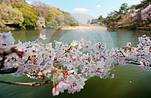 Close up view of vibrant cherry blossoms on a branch of Sakura tree by a beautiful lake on a sunny day in Omiya Park